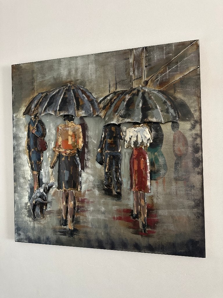3D Metaal Schilderij "Paraplu's in de regen" (100x100 cm), Ophalen, Nieuw, Schilderij, 75 tot 100 cm