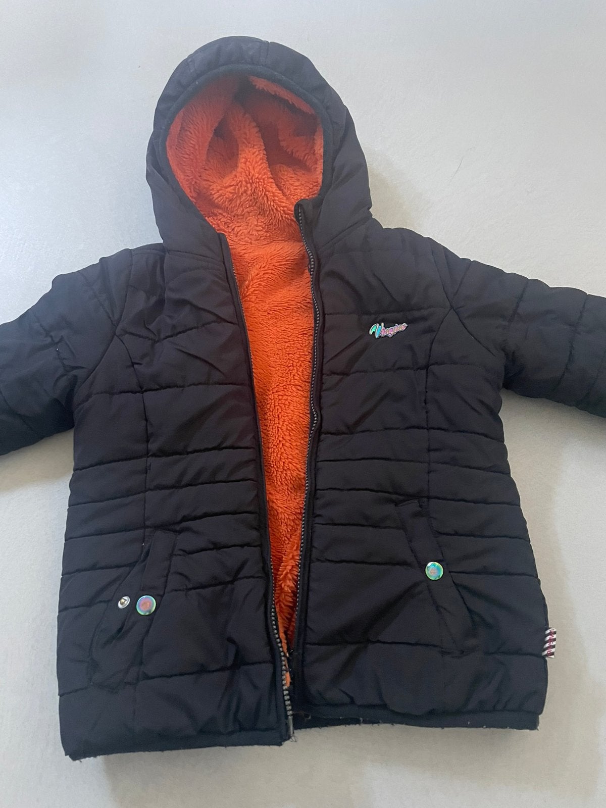 Vingino winterjas zwart oranje omkeerbaar maat 10, Ophalen of Verzenden, Gebruikt, Meisje, Jas
