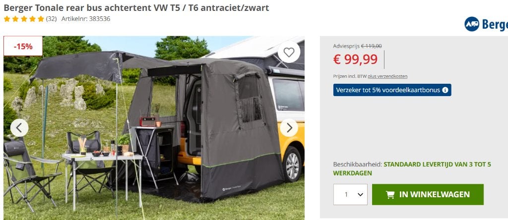 Berger Tonale Achterkleptent voor VW of ander busje, Verzenden, Zo goed als nieuw
