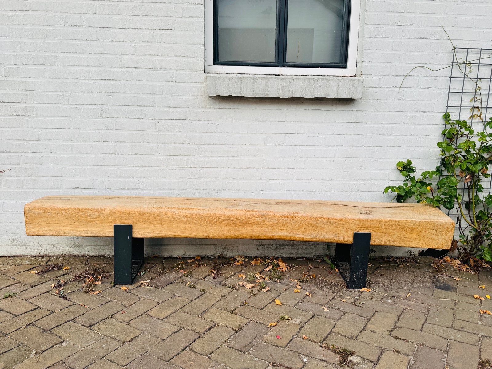 Houten bankje/biels/meubel met stalen poten, Ophalen, Gebruikt, Eikenhout, 200 cm of meer