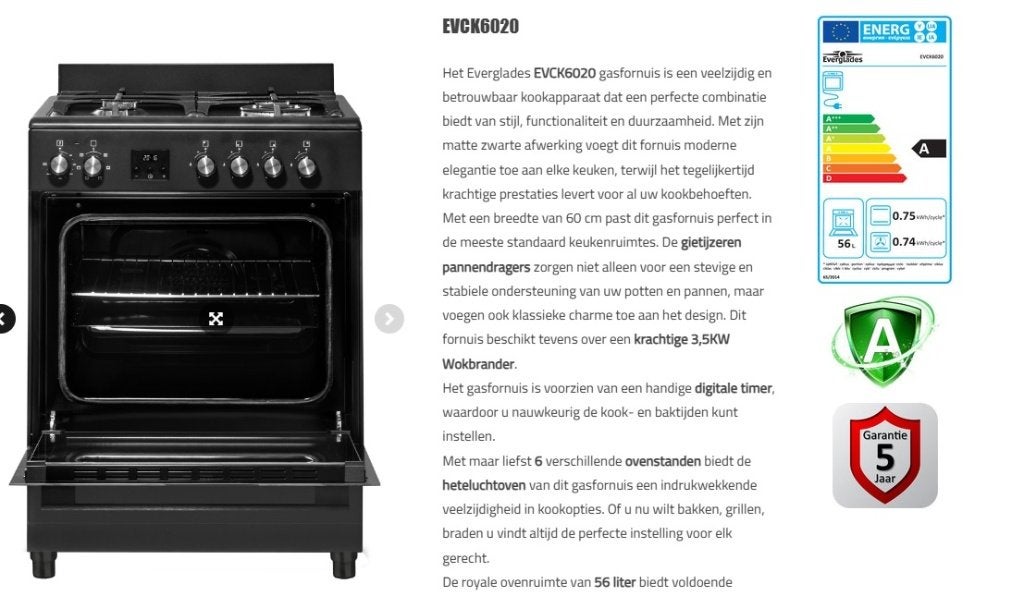 Zeer luxe 60cm breed zwart gasfornuis 5 jaar gar. 399 euro, Witgoed en Apparatuur, Ophalen, 60 cm of meer, Nieuw, 4 kookzones