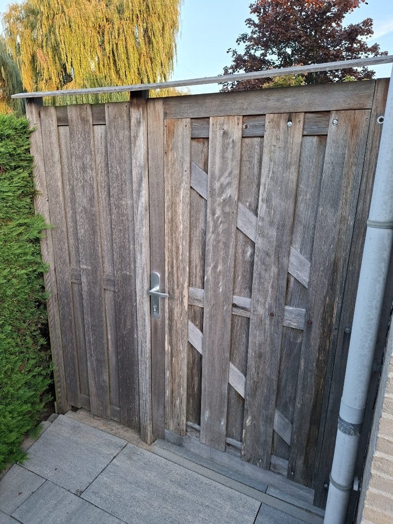 Tuinpoort hardhout incl. beslag, Tuin en Terras, Ophalen, Gebruikt, 100 tot 150 cm, Draaipoort