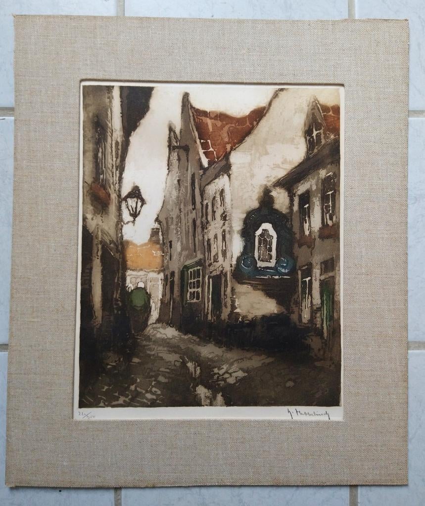 Ets van Roger Hebbelinck , stadsgezicht straatje België, Antiek en Kunst, Kunst | Etsen en Gravures, Ets, Genummerd, Gesigneerd