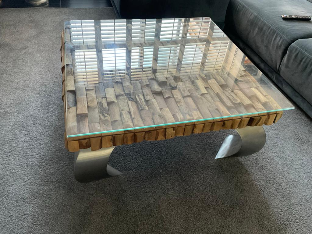 Console- en salontafel set - Hout met glasplaat, Huis en Inrichting, Tafels | Salontafels, Gebruikt, 50 tot 75 cm, 150 tot 200 cm