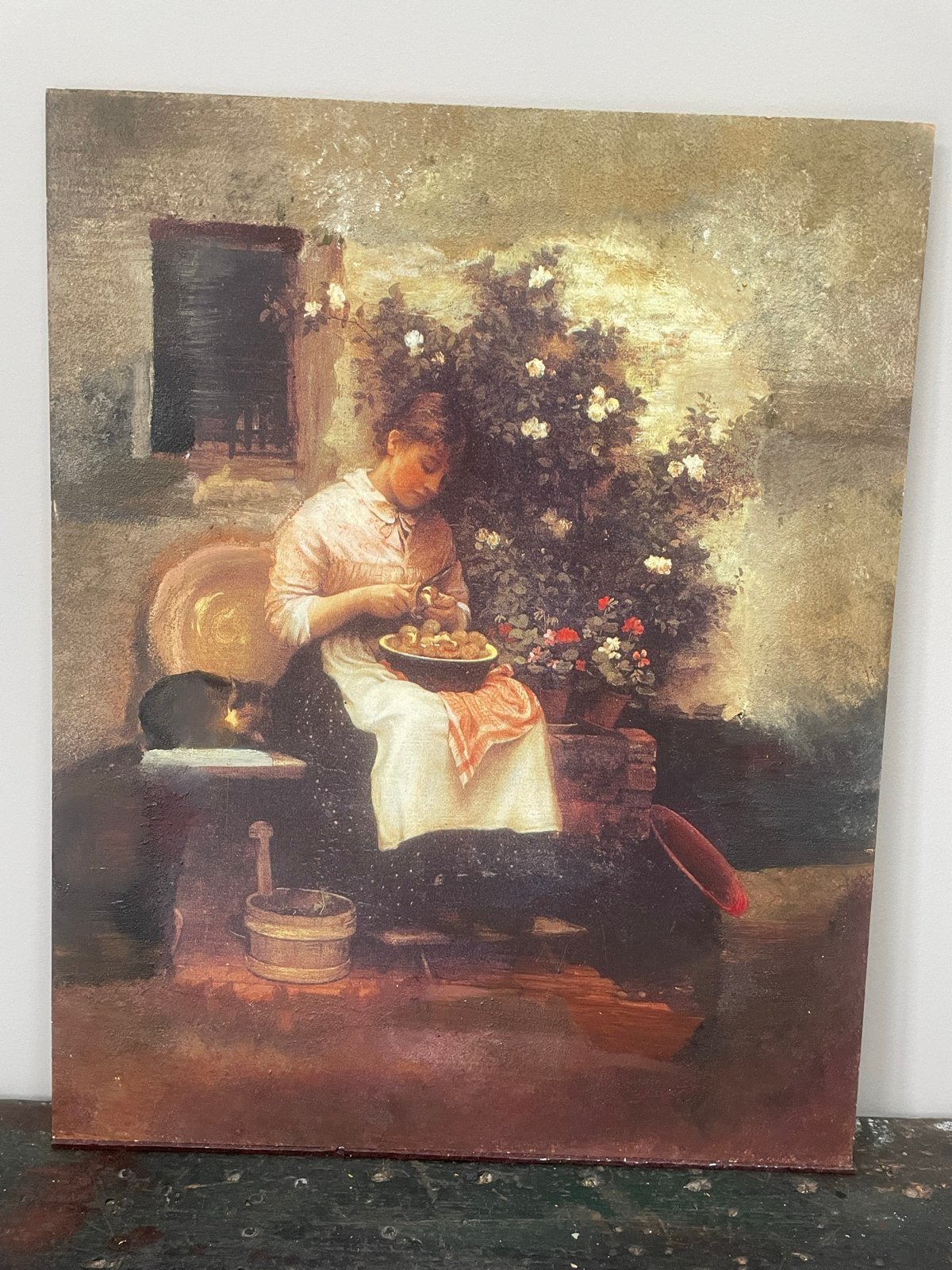 Olieverfschilderij: Vrouw schilt aardappelen met kat, Antiek en Kunst, Kunst | Schilderijen | Klassiek, Portret of Personen, Realistisch