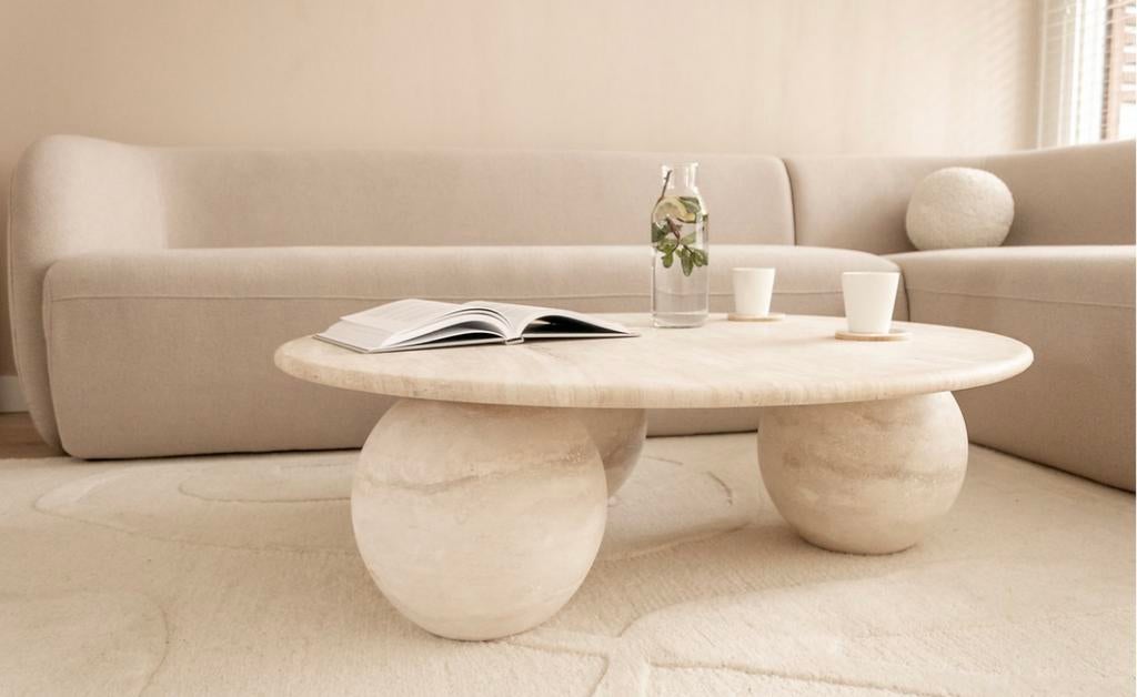 ACTIE! Travertin tafel bollen 30cm met 90cm blad - Vada, Ophalen, Zo goed als nieuw, 75 m² of meer, Laminaat