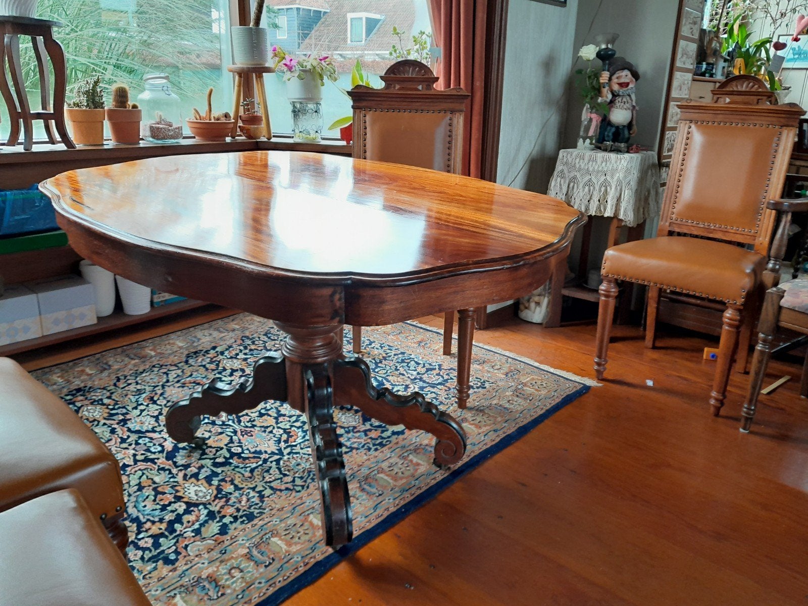 Antieke mahoniehouten eettafel met 5 stoelen, Ophalen