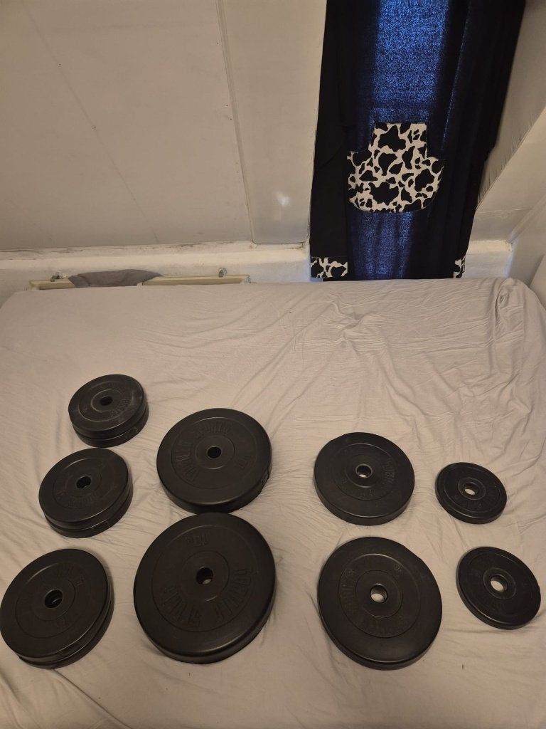 Set met gewichten, 2 halters en curl bar, Ophalen, Gebruikt, Halterset