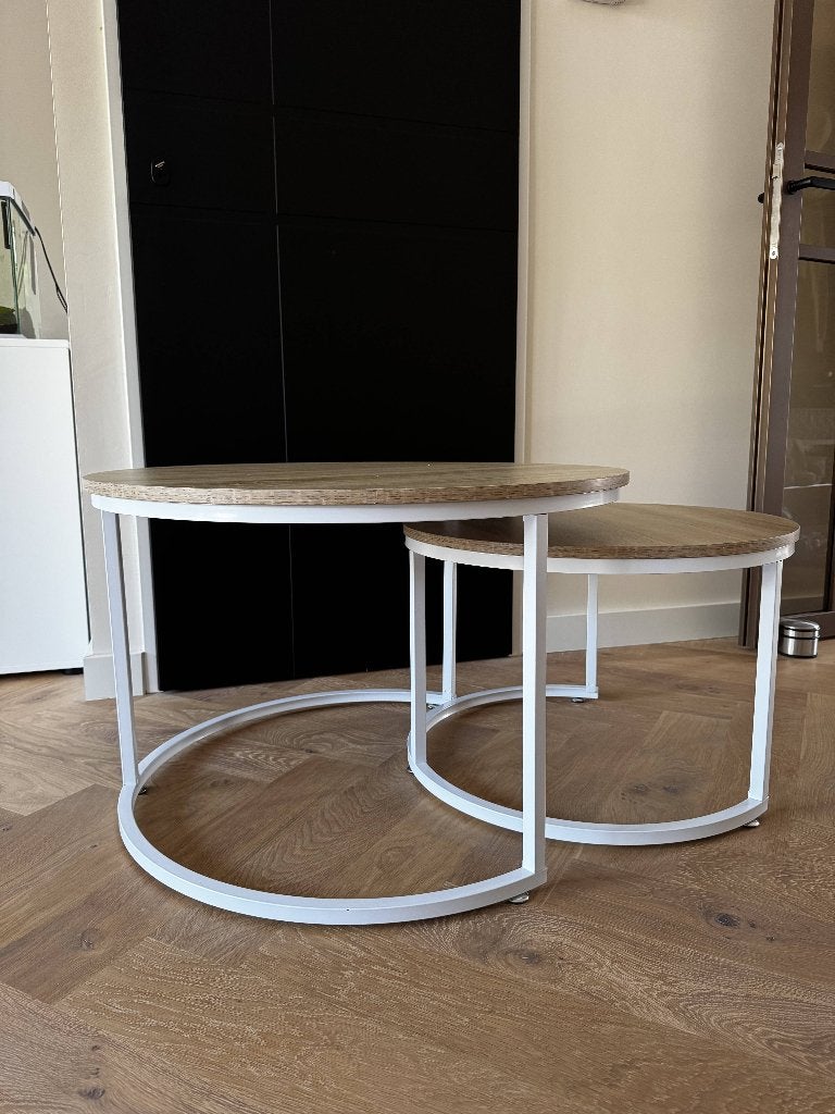 Salontafel - Set van 2 tafels (eikenhout en wit), Gebruikt, 50 tot 100 cm, Rond, 50 tot 100 cm