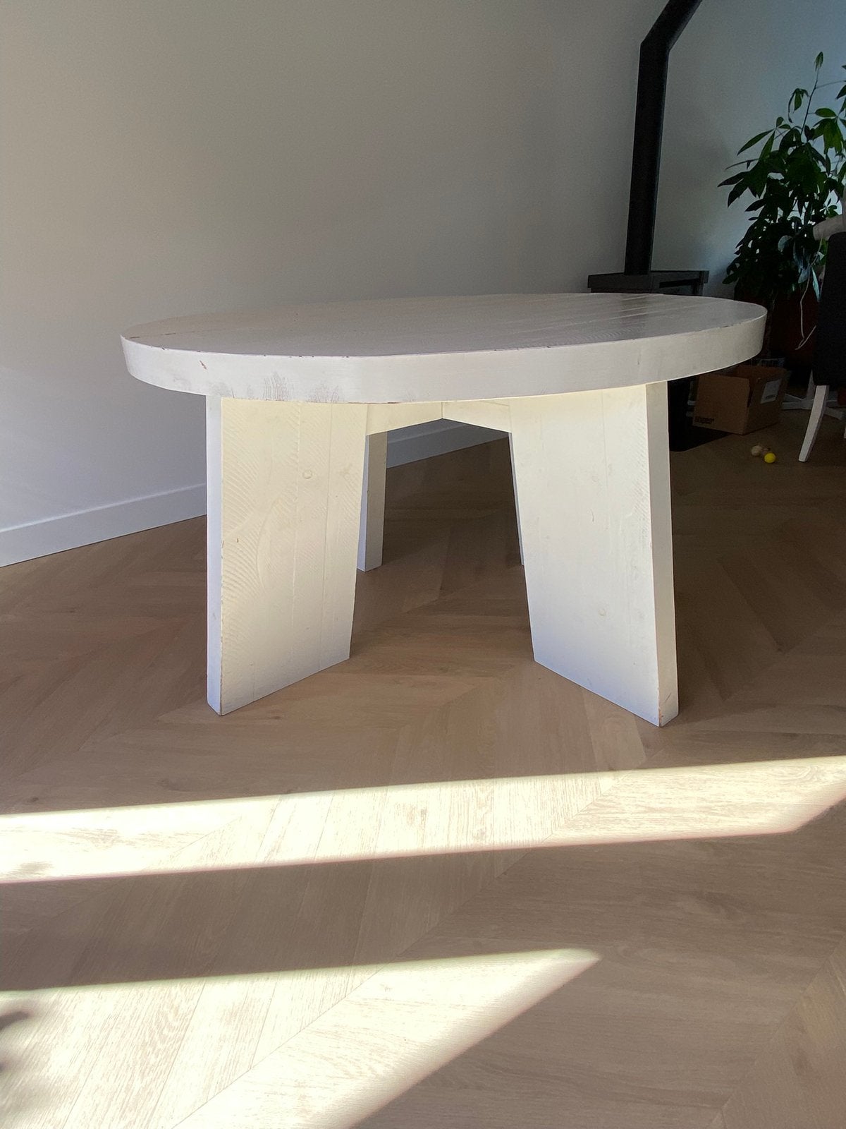 Ronde witte eiken eettafel (House of Mayflower), Ophalen, Gebruikt, Landelijk modern, 75 – 100