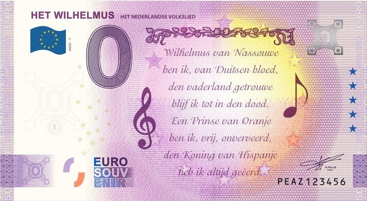 0 Euro biljet Het Wilhelmus Anniversary edition 2020, Postzegels en Munten, Bankbiljetten | Europa | Eurobiljetten, Ophalen of Verzenden
