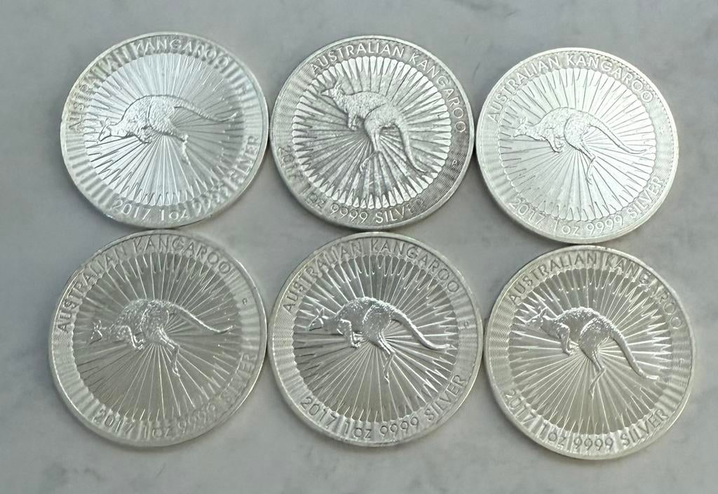 6x 1oz zilver 2017 Australian Kangaroo 999 zilver, Ophalen of Verzenden, Noord-Amerika, Zilver