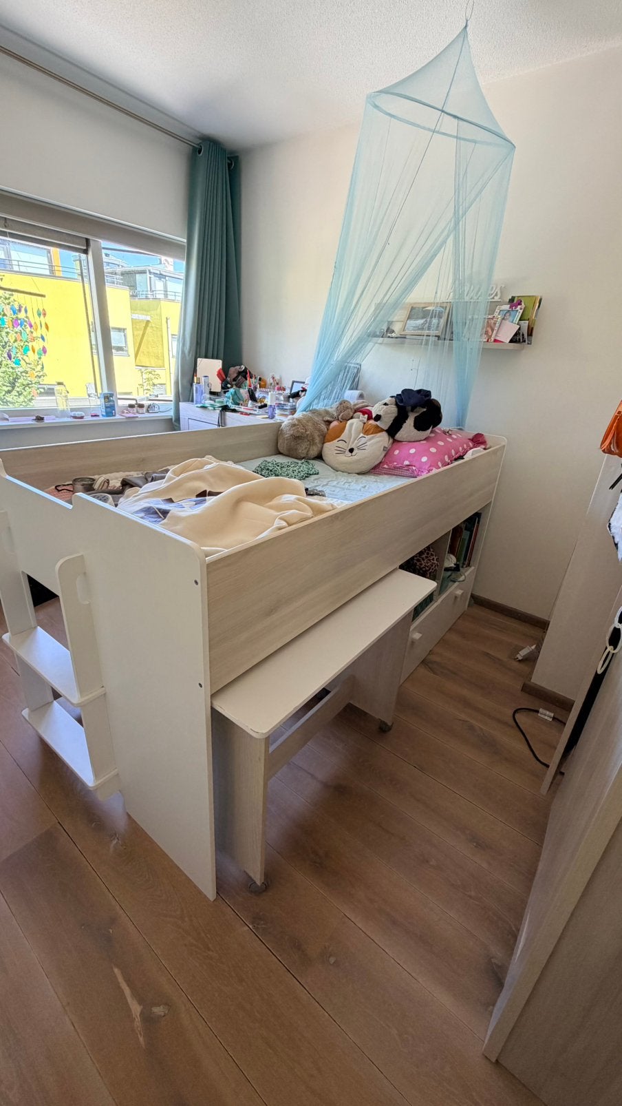 Halfhoogslaper met bureau, lades en open kastjes, Ophalen, Gebruikt, 90 cm, Eenpersoons