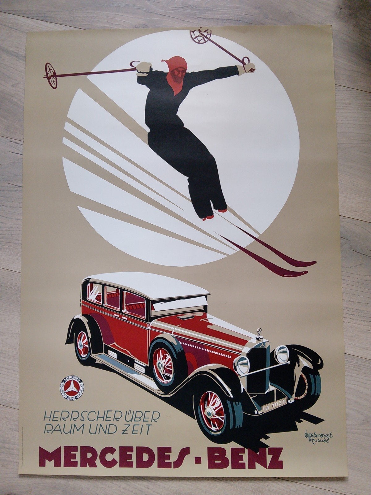 Vintage Mercedes-Benz Reclame Poster - Skiër & Auto, Ophalen of Verzenden, A1 t/m A3, Reclame, Rechthoekig Staand