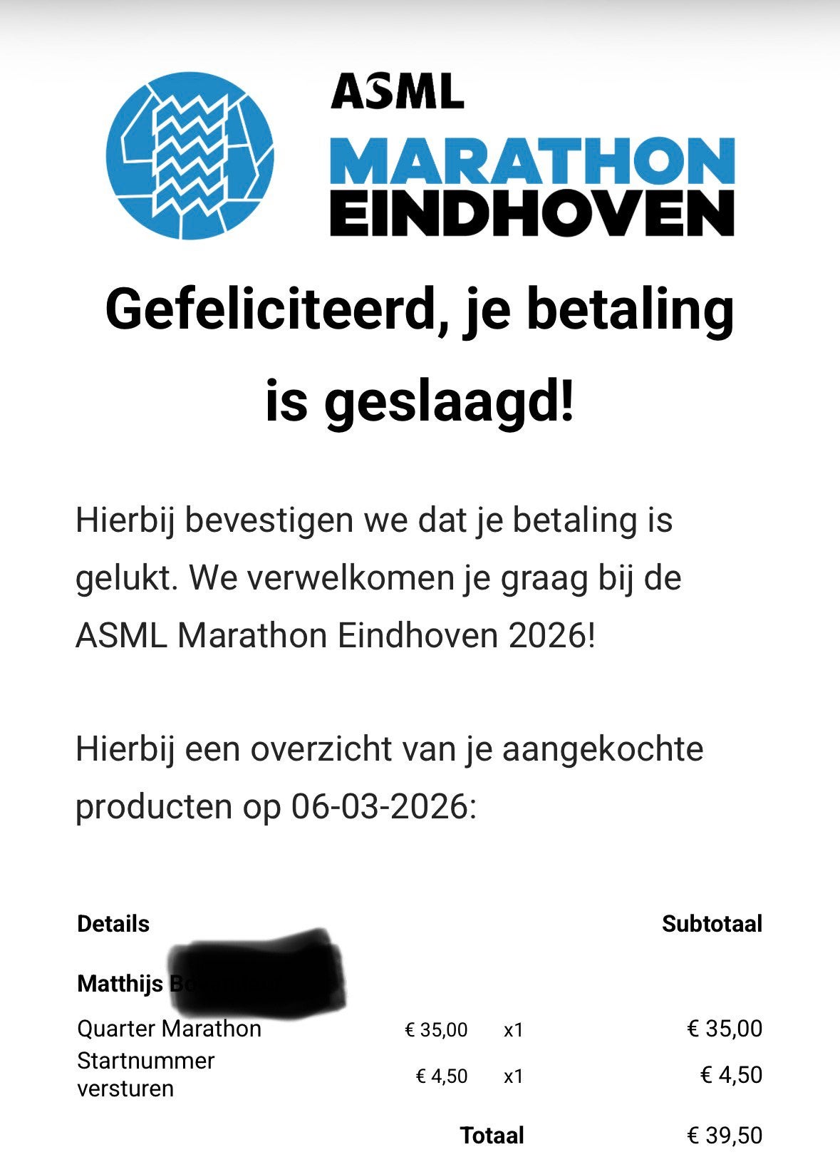 Startbewijs ASML kwart marathon Eindhoven 11 oktober 2026., Eén persoon