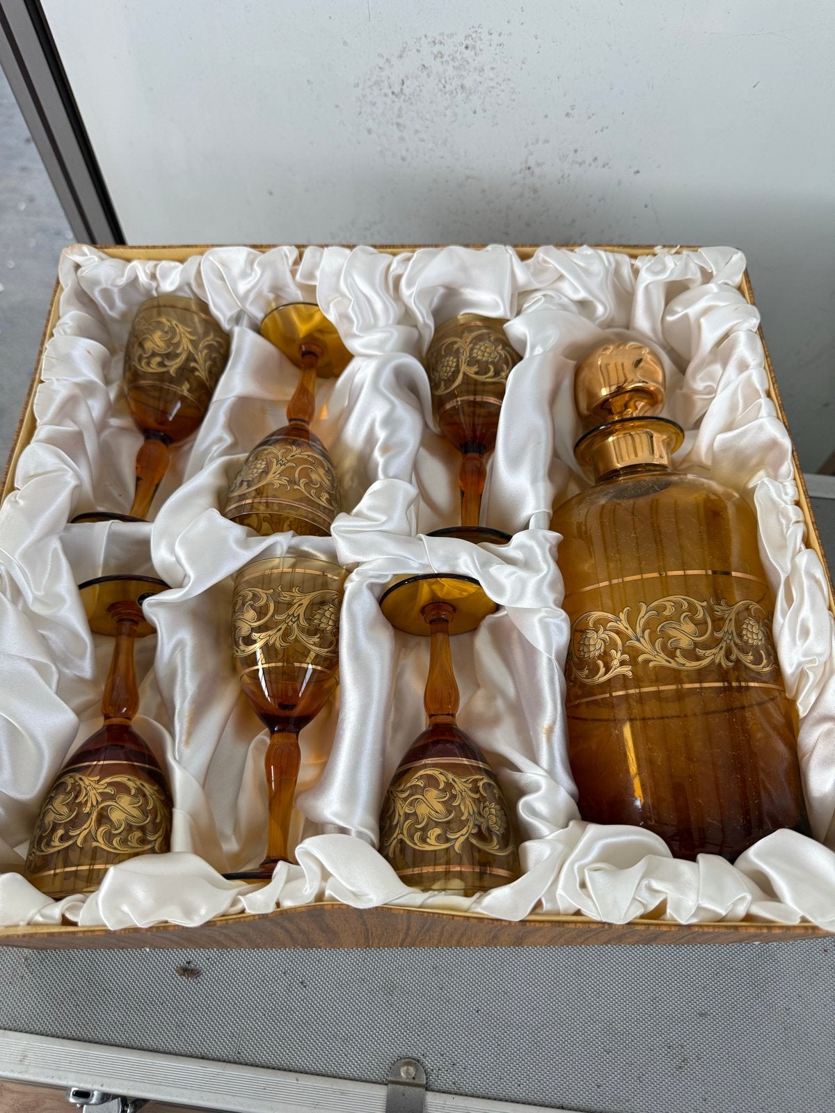 Vintage Glazen Karaf en Glazen Set - Amberkleurig met Goud, Antiek en Kunst, Antiek | Glas en Kristal, Ophalen of Verzenden