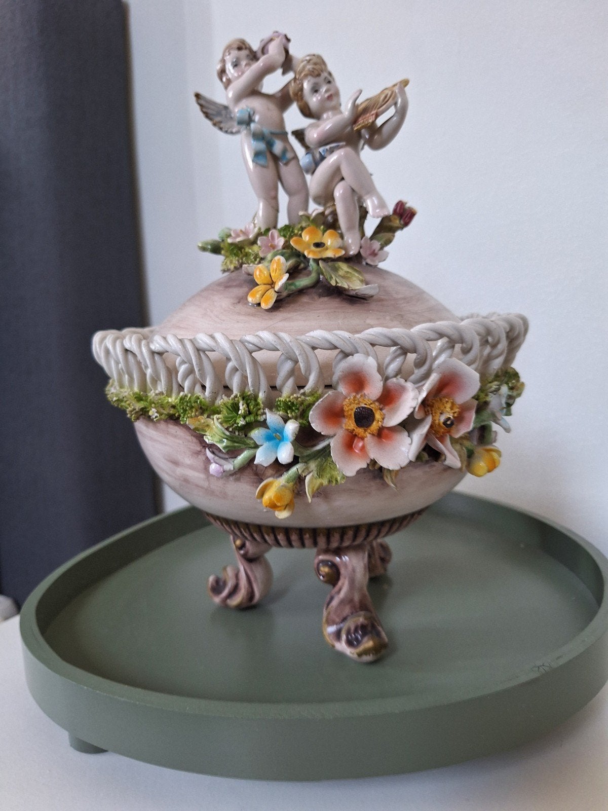 Antieke B. Ortolani Ceramica Italiaanse Cherubijn Doos, Ophalen of Verzenden
