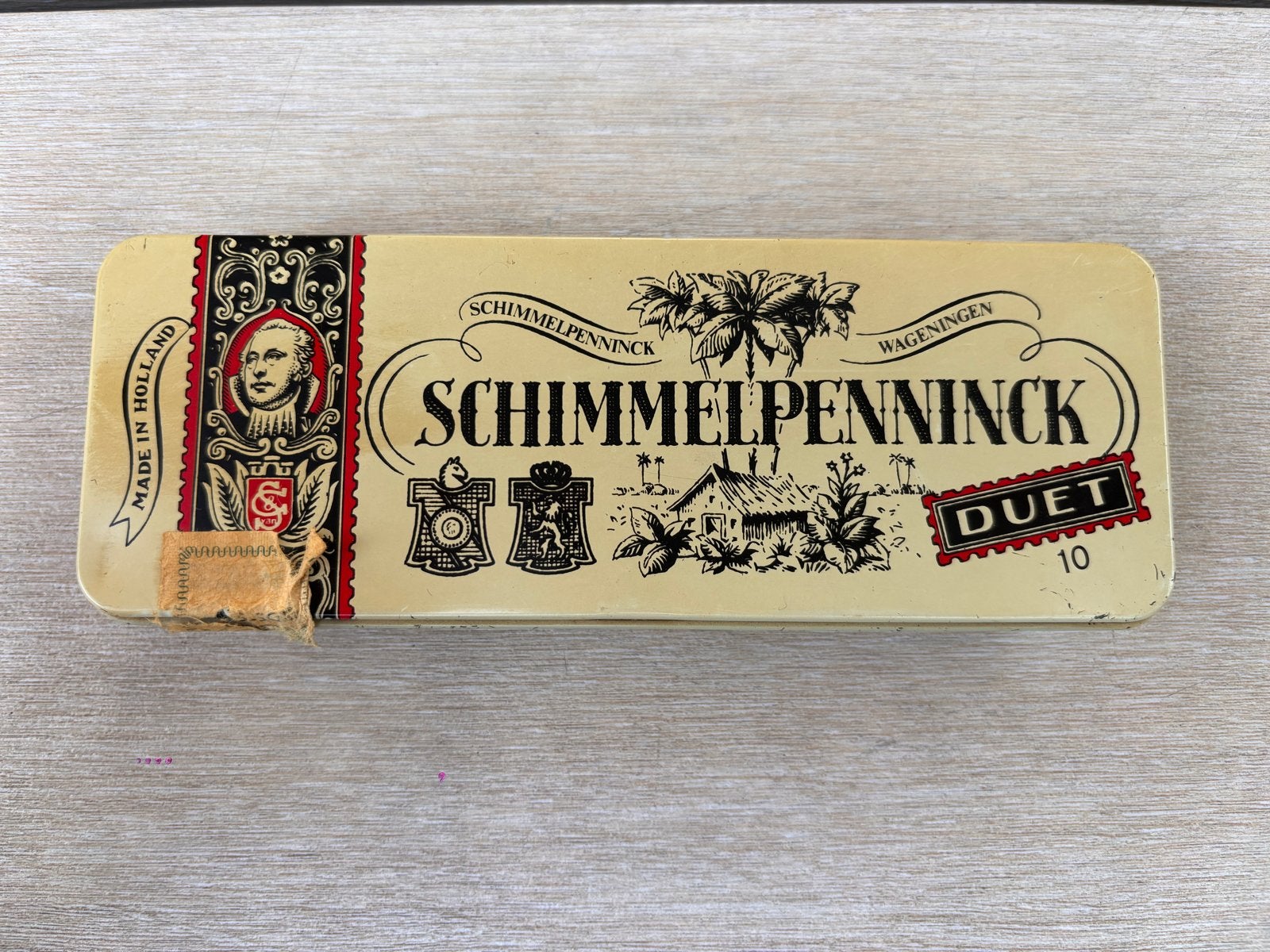 Vintage Schimmelpenninck sigarenblikje met sigaren, Ophalen, Gebruikt, Tabaksdoos of Verpakking