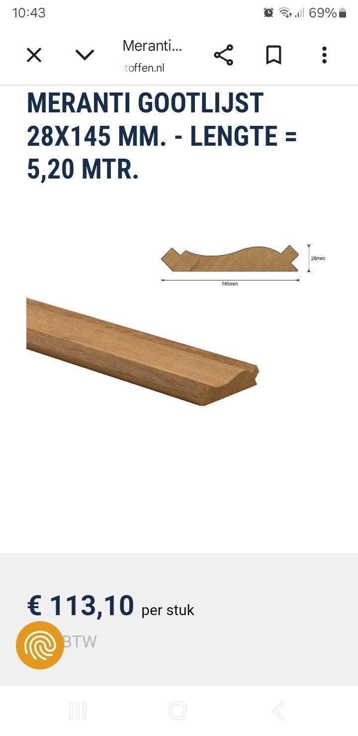 Meranti Gootlijst 28x145 mm - Lengte 4,57 mtr, Doe-het-zelf en Verbouw, Ophalen, 25 tot 50 mm, Overige typen, Nieuw