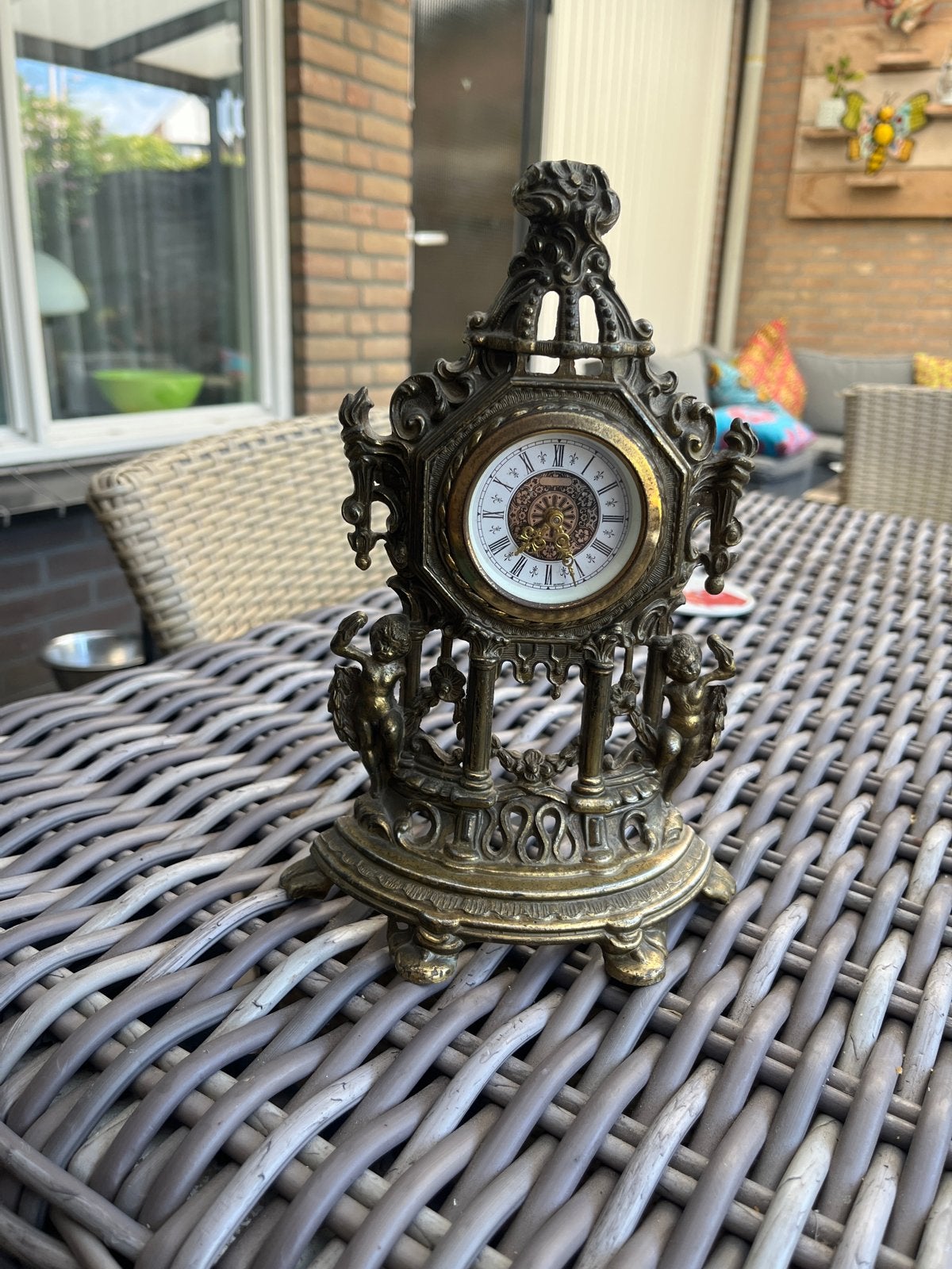 Antieke bronzen tafelklok met cherubijnen, Ophalen of Verzenden