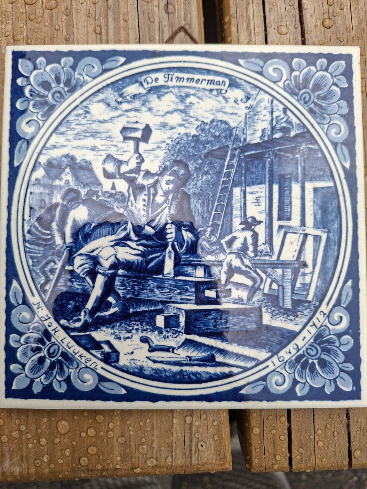 Beroepentegel delfs blauw De Timmerman 15x15, Antiek en Kunst, Ophalen