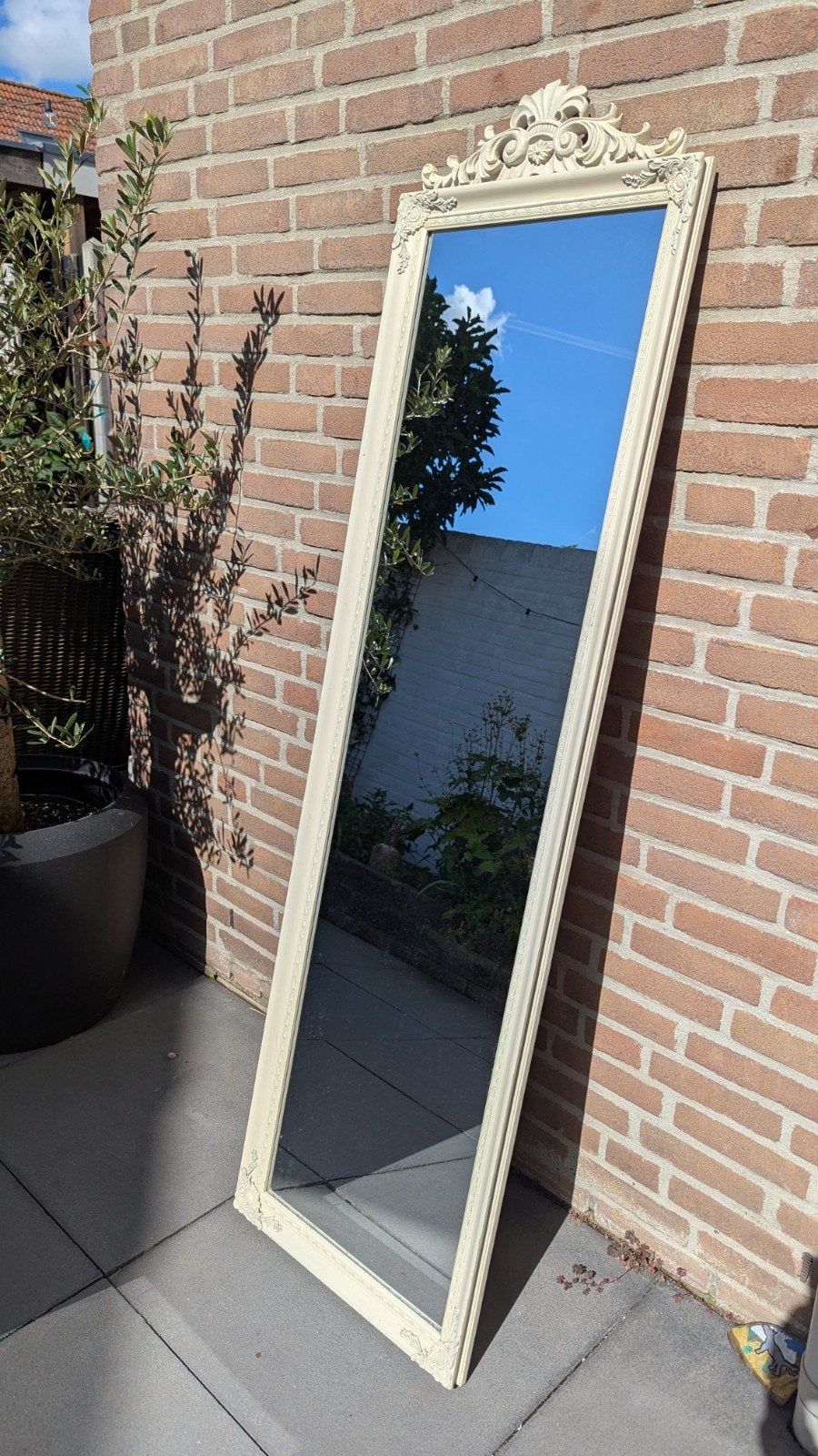 Brocante spiegel 170x48 met sierlijst - Crème, Ophalen