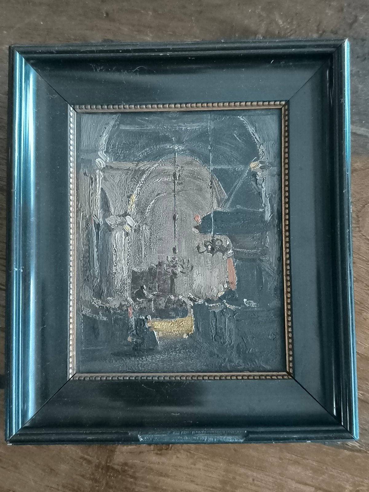 Paneel kerkinterieur 12.2x15.5 cm gesigneerd, Ophalen of Verzenden
