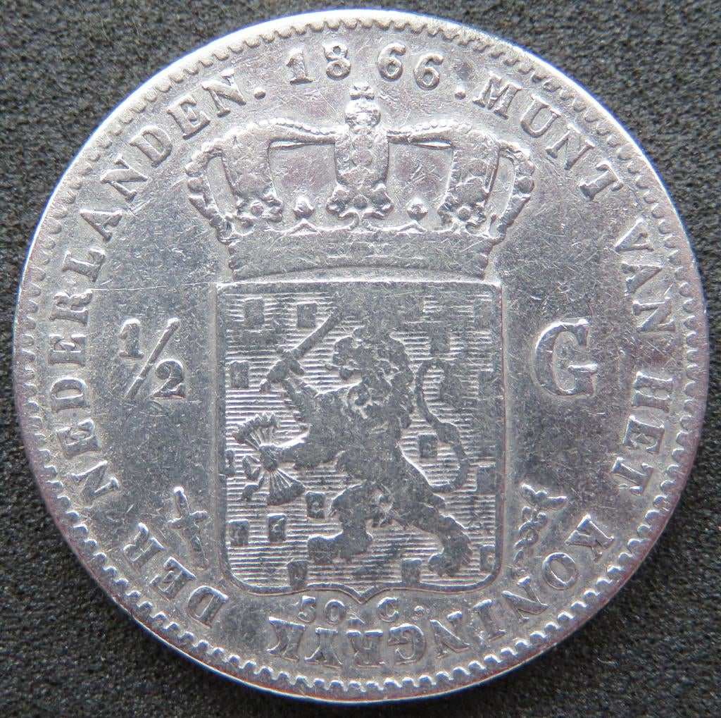 Halve Gulden 1866, ½ gulden, Koning Willem III, Verzenden, Zilver