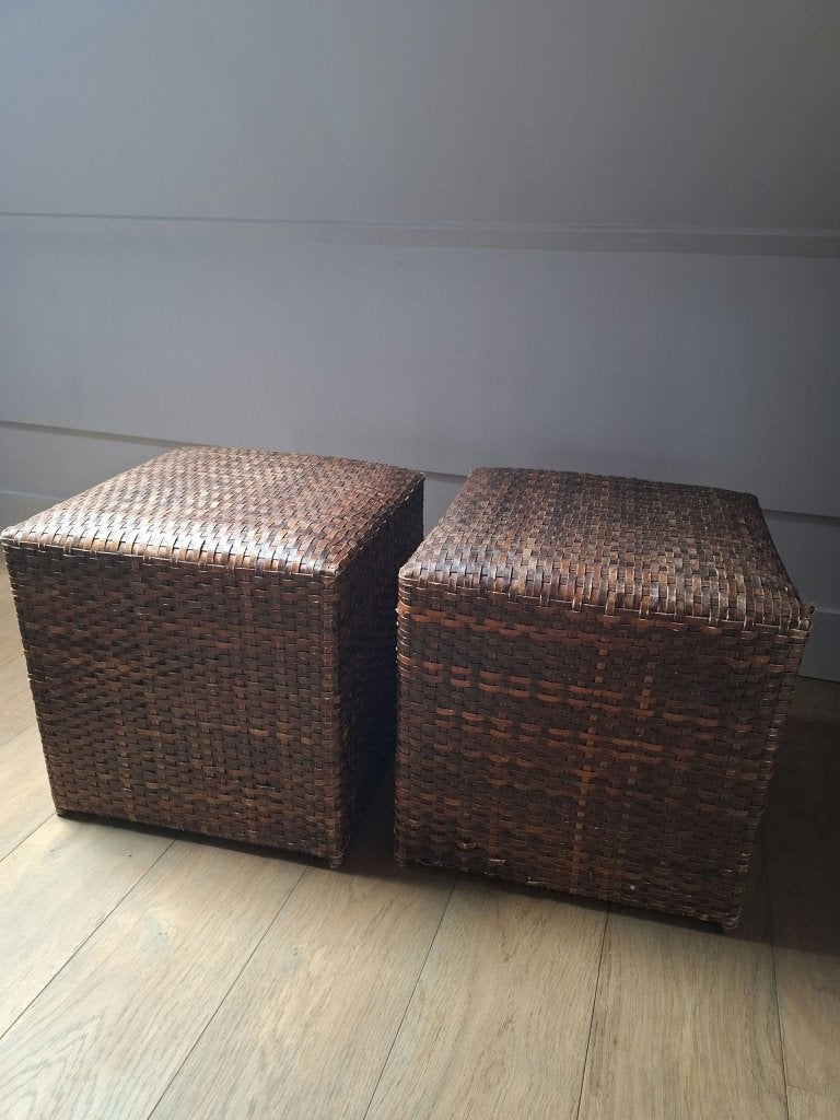 Set van 2 bruine gevlochten poefen – 40x40x40 cm, Ophalen, Minder dan 50 cm, Gebruikt, Vierkant