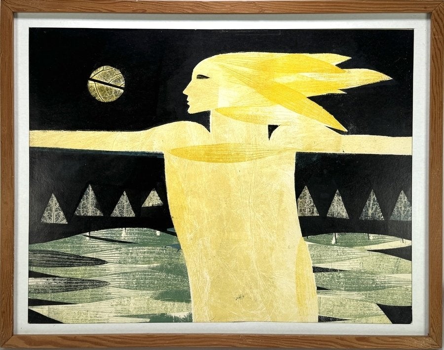 346. Drukwerk, Sietske Feitsma – "maanlicht & hoop", ca.1980, Antiek en Kunst, Kunst | Litho's en Zeefdrukken, Ingelijst, Ophalen