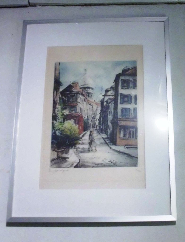 Parijs straatgezicht . Signatuur  Greef ., Antiek en Kunst, Gesigneerd, Ets, Stadsgezicht, Ophalen of Verzenden