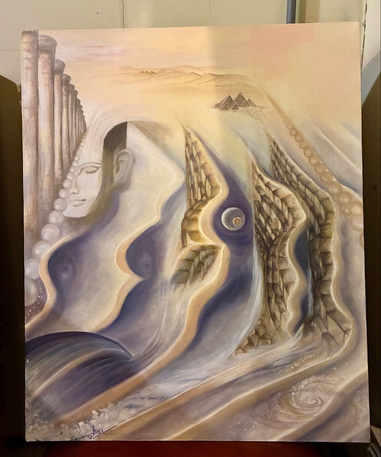 Abstract Schilderij: Mystieke Woestijn met Gezicht en Pirami, Ophalen