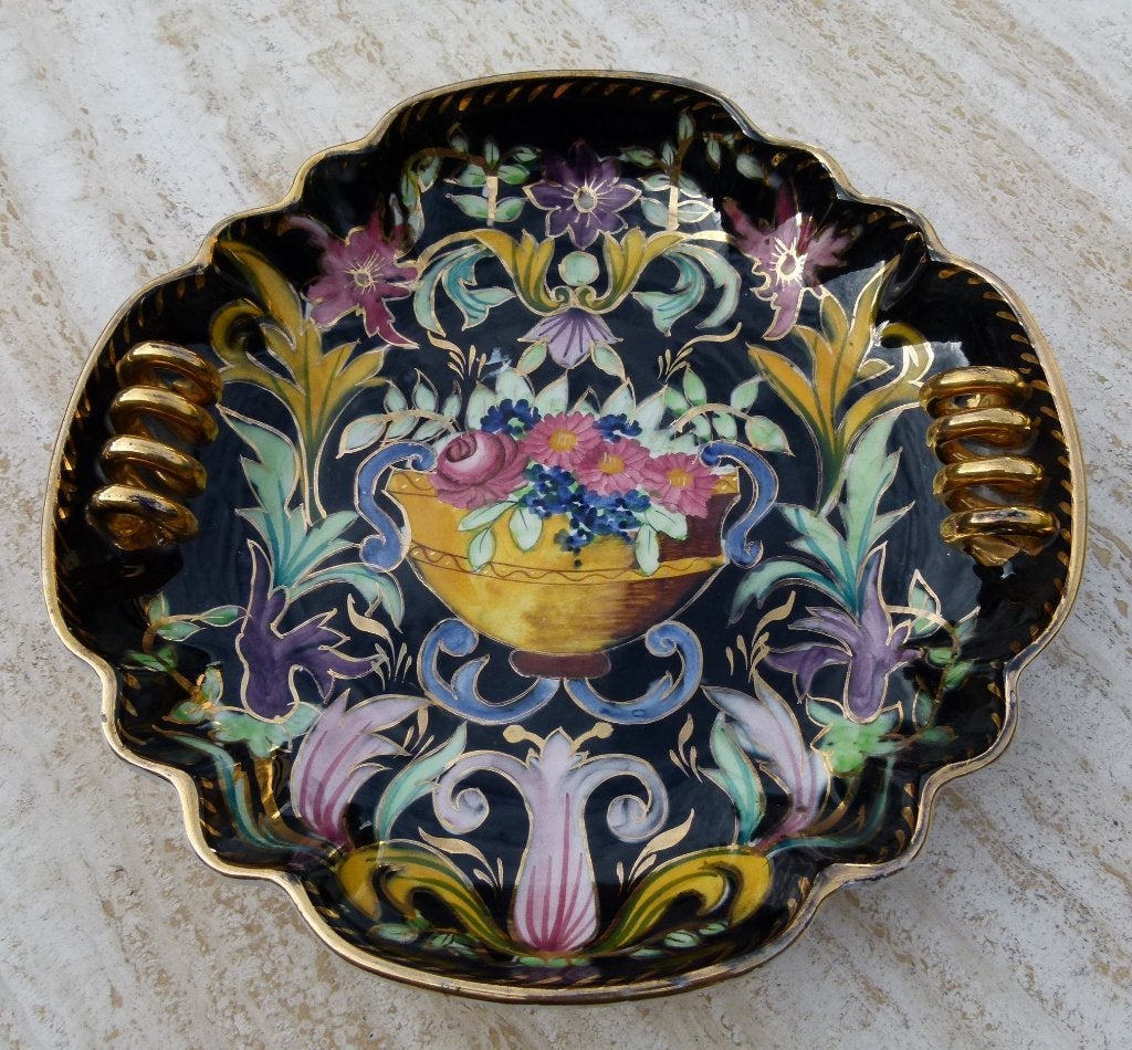 H. Bequet Quaregnon Fruit Schaal met Aparte Gouden Grepen, Ophalen of Verzenden
