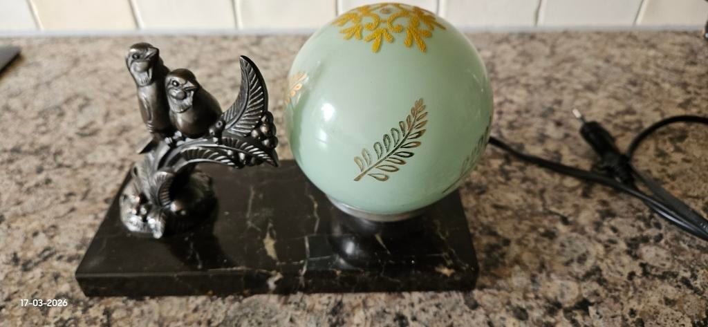 Prachtig Art Deco Lampje met Vogels en Marmeren Voet, Antiek en Kunst, Ophalen of Verzenden