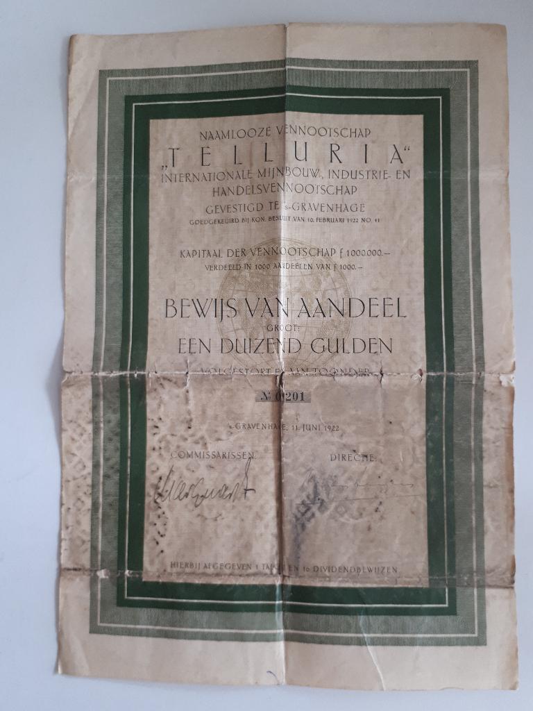 Aandeel Telluria van duizend gulden (1922), Ophalen of Verzenden, 1920 tot 1950, Aandeel