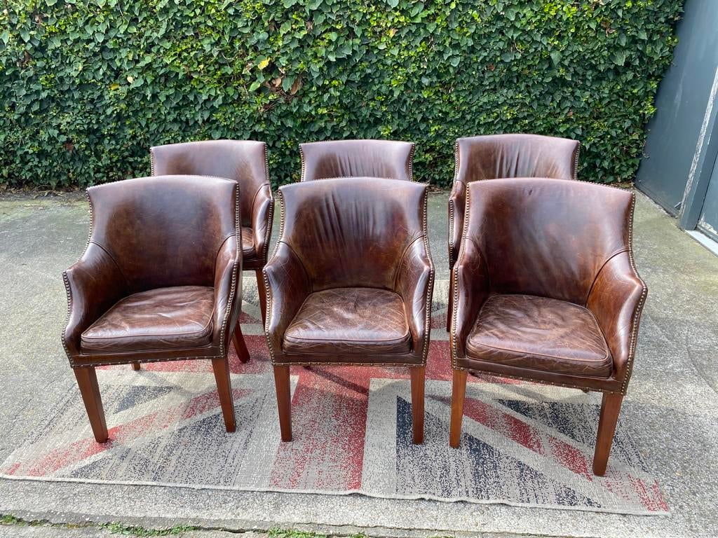 Ralph Lauren bruin generfde leren 6 x stoelen !!!, Huis en Inrichting, Stoelen, Gebruikt, Vijf, Zes of meer stoelen, Hout, Leer