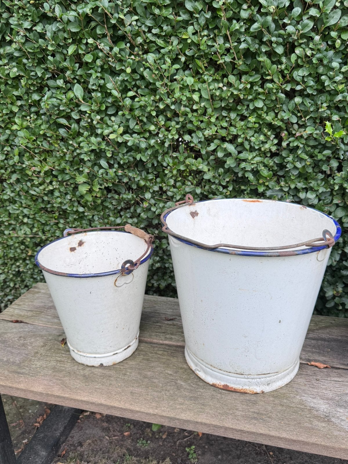 Vintage emaille emmer voor planten - wit/blauw, Ophalen of Verzenden