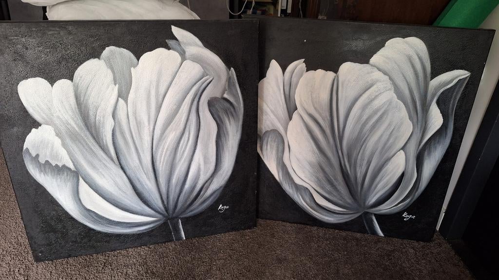 Tweeluik Schilderij Zwart-Wit Tulp - 80x80cm, Ophalen