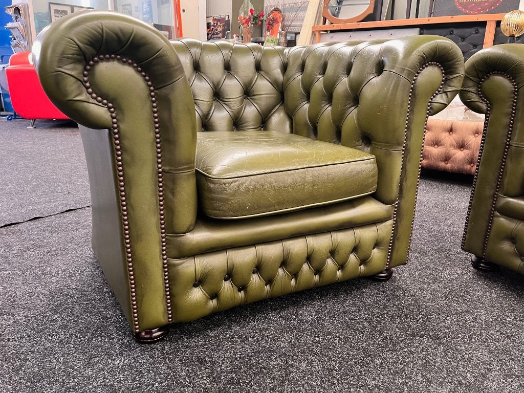 Chesterfield Maarssen !! Groen Leren Chesterfield Club Chair, Huis en Inrichting, Fauteuils, Ophalen, Chesterfield, Zo goed als nieuw