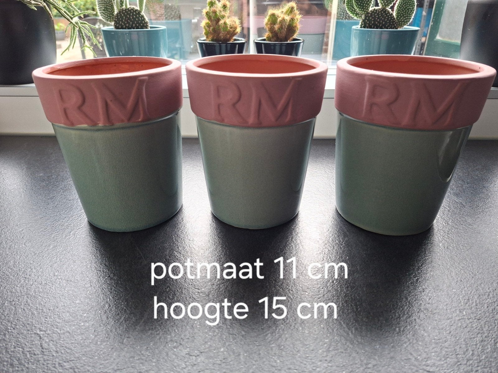3 Rivièra Maison bloempotten –  pastel turquoise kleur, Rond, Ophalen of Verzenden, Zo goed als nieuw, Binnen