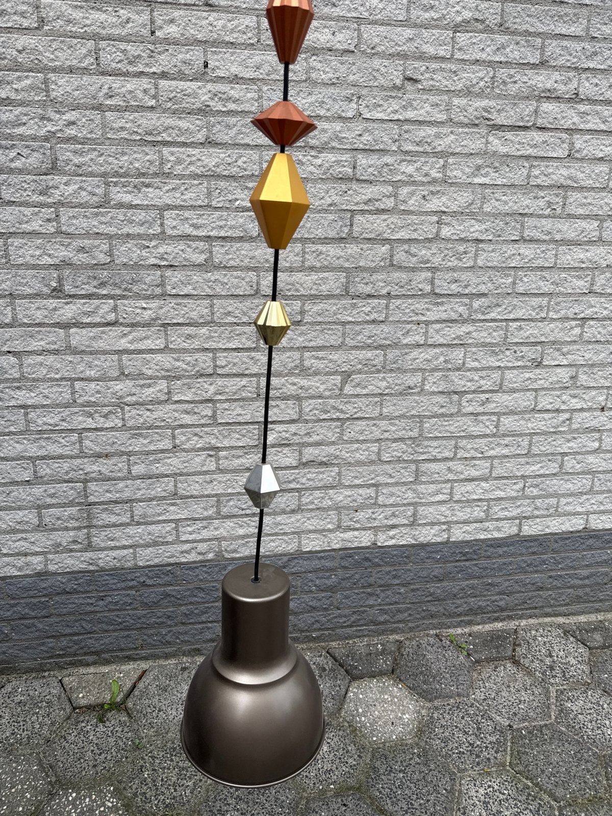 Vintage hanglamp met geometrische kralen - Brons/Goud, Ophalen of Verzenden, Gebruikt, Metaal, E27 (groot)