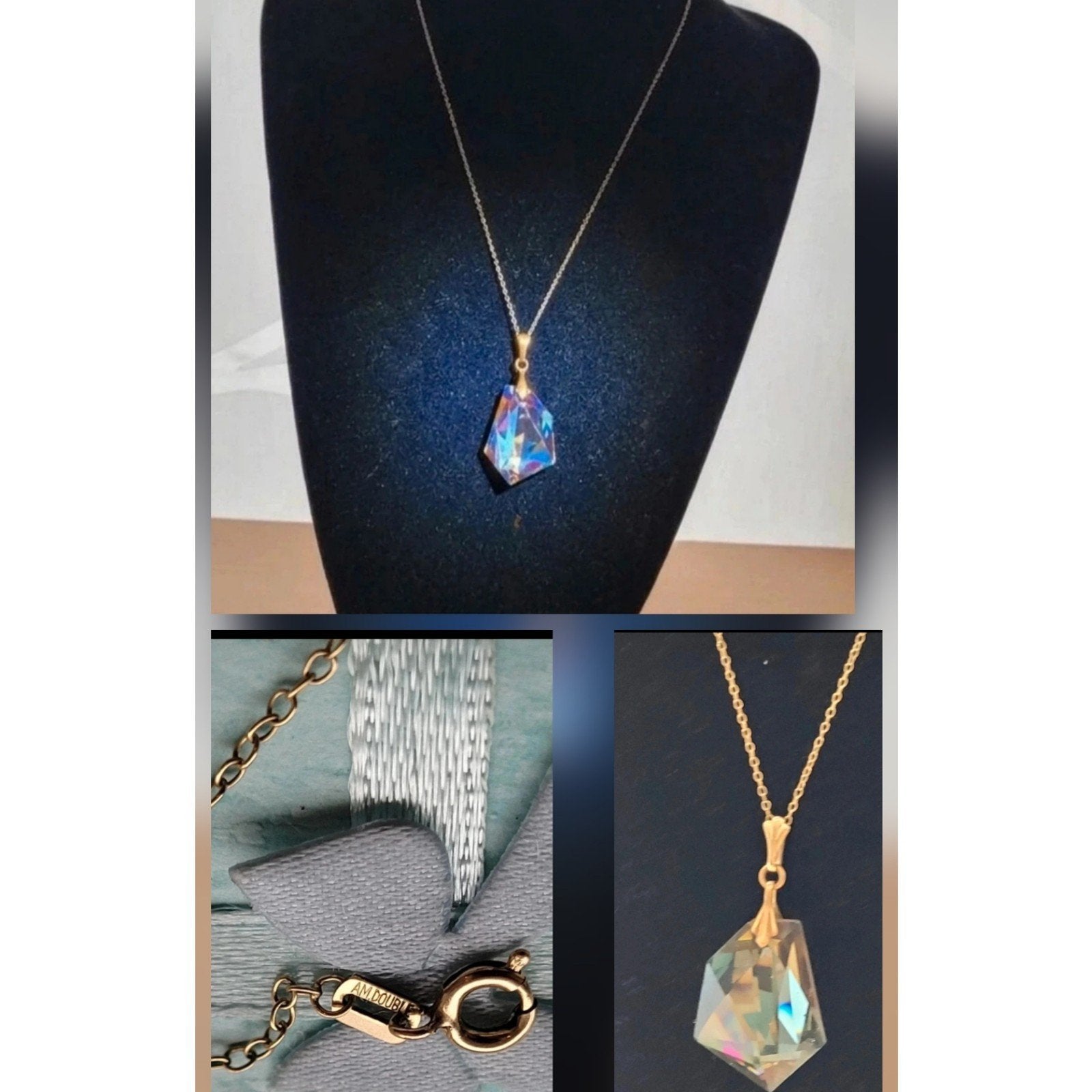 AM Double ketting met kristallen hanger, Gebruikt, Verzenden, Goud, Overige materialen