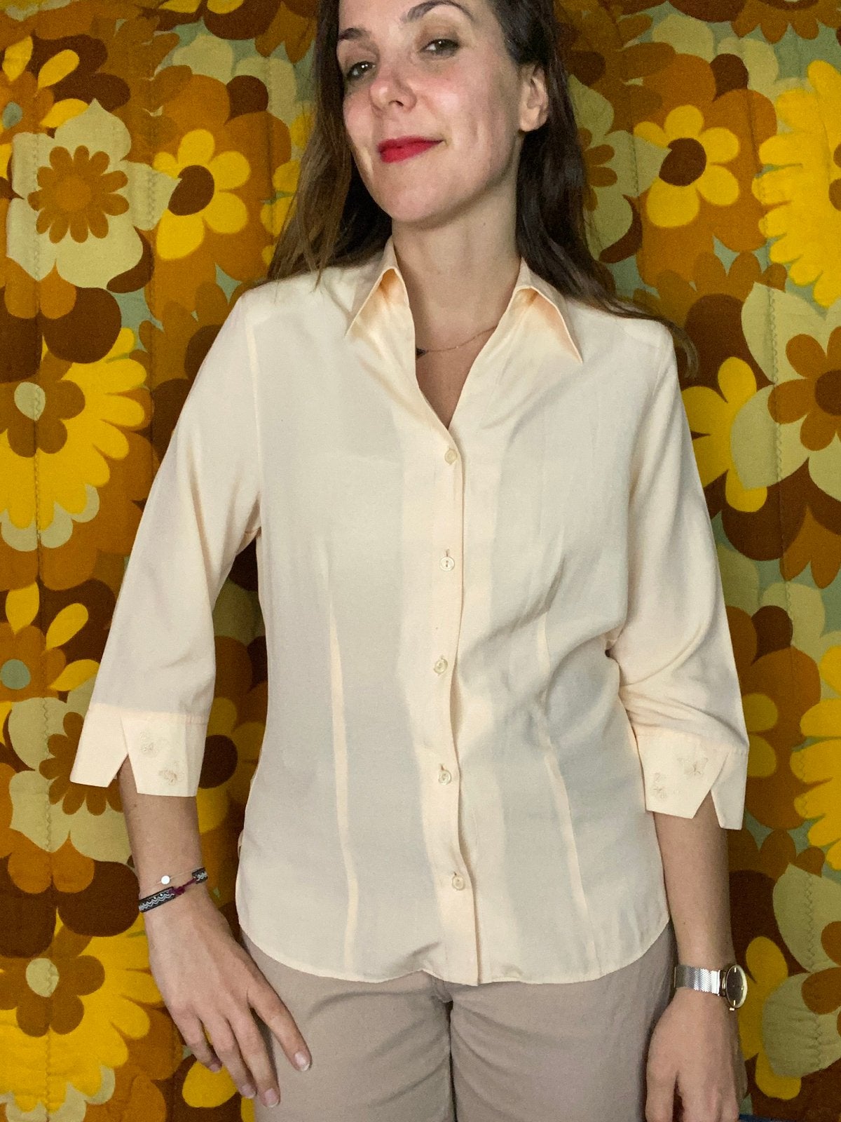 Vintage overhemd/blouse/shirt - zalm - 38/M/medium, Maat 38/40 (M), Hgv, Hgv, Oranje