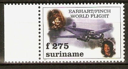 Rep-Suriname 932 zegel met tab links vlucht rond de wereld., Verzenden, Postfris