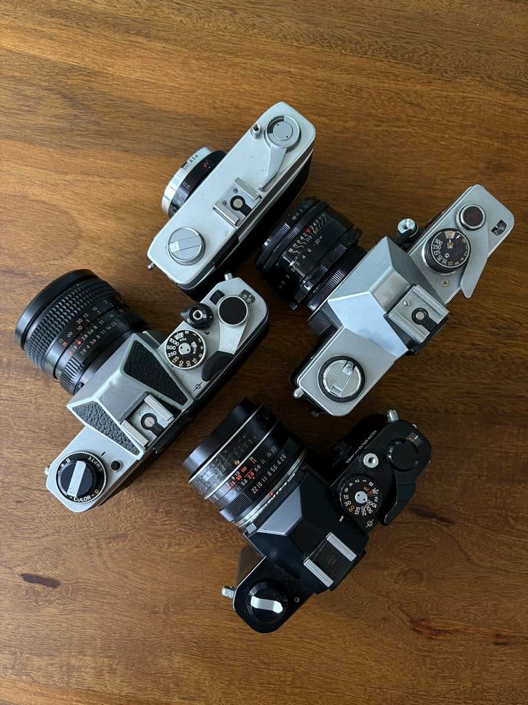 Drie analoge fototoestellen, Ophalen of Verzenden, Gebruikt, Spiegelreflex, Overige Merken