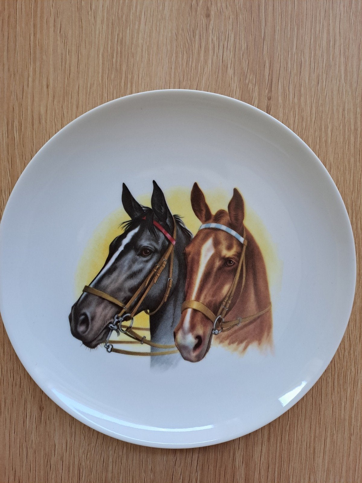 Vintage wandbord porselein met 2 paarden., Ophalen of Verzenden