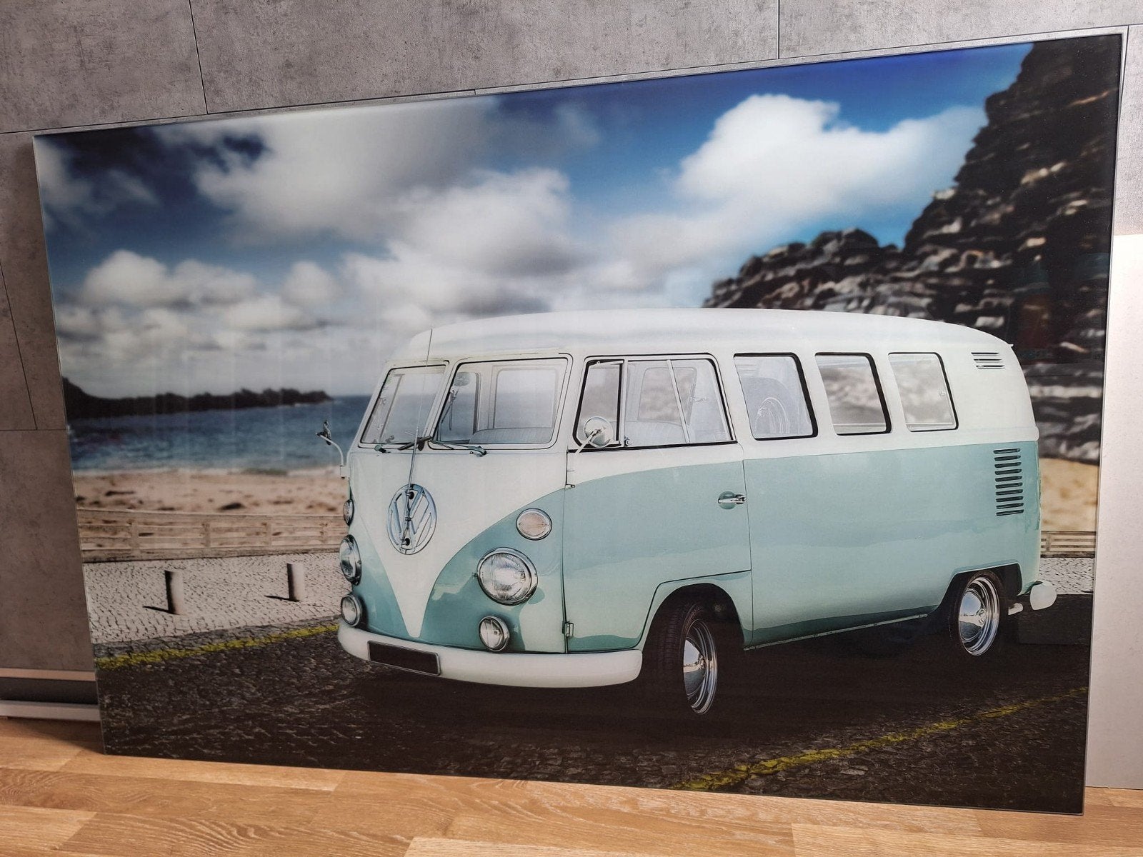 Grote wanddecoratie VW bus aan zee, Ophalen, 100 tot 125 cm, 75 – 100, Print