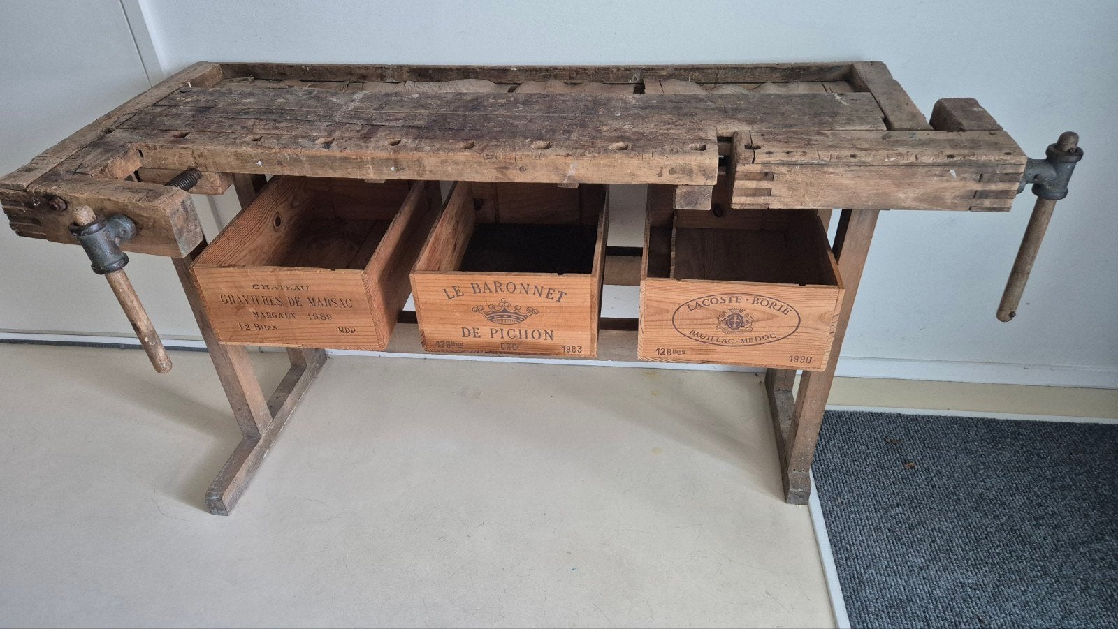 vintage oude houten werkbank, Ophalen, Gebruikt, 120 tot 170 cm, Bankschroef