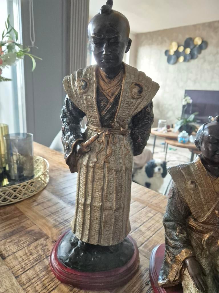Set van 3 Japanse beelden: Samurai en Geisha (bronskleurig), Antiek en Kunst, Ophalen of Verzenden