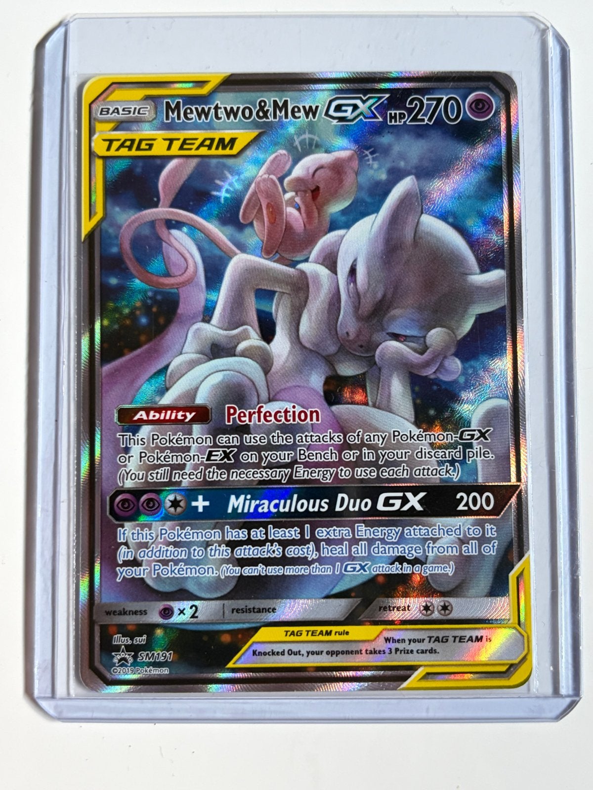 Mewtwo & Mew GX TAG TEAM Pokémon kaart SM191, Ophalen, Zo goed als nieuw, Losse kaart, Foil